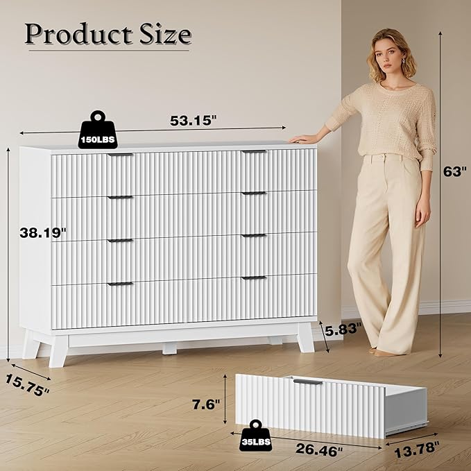 BORNOON 53" Tall Dresser for Bedroom, 8-Drawer Fluted Chest of Drawers - Image 2