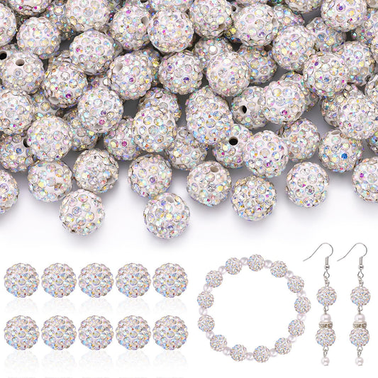 105pcs 10mm Rhinestone Beads for Jewelry Making, Crystal AB Shiny Round Disco Ball Beads Bulk, Sparkle Crystal Clay Christmas for Bracelet Baseball Necklace Earring Crafting and DIY