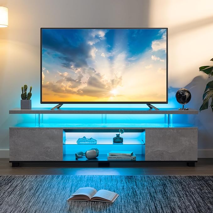Cubehom Grey TV Stands for Living Room, Glass TV Stand, LED TV Stand for 75+ - Image 3