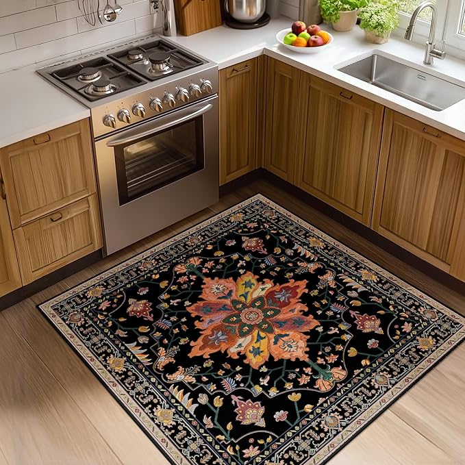 RELEANY Area Rugs Square 4ft Washable Non-Slip, Floral Vintage Distress Print by RELEANY