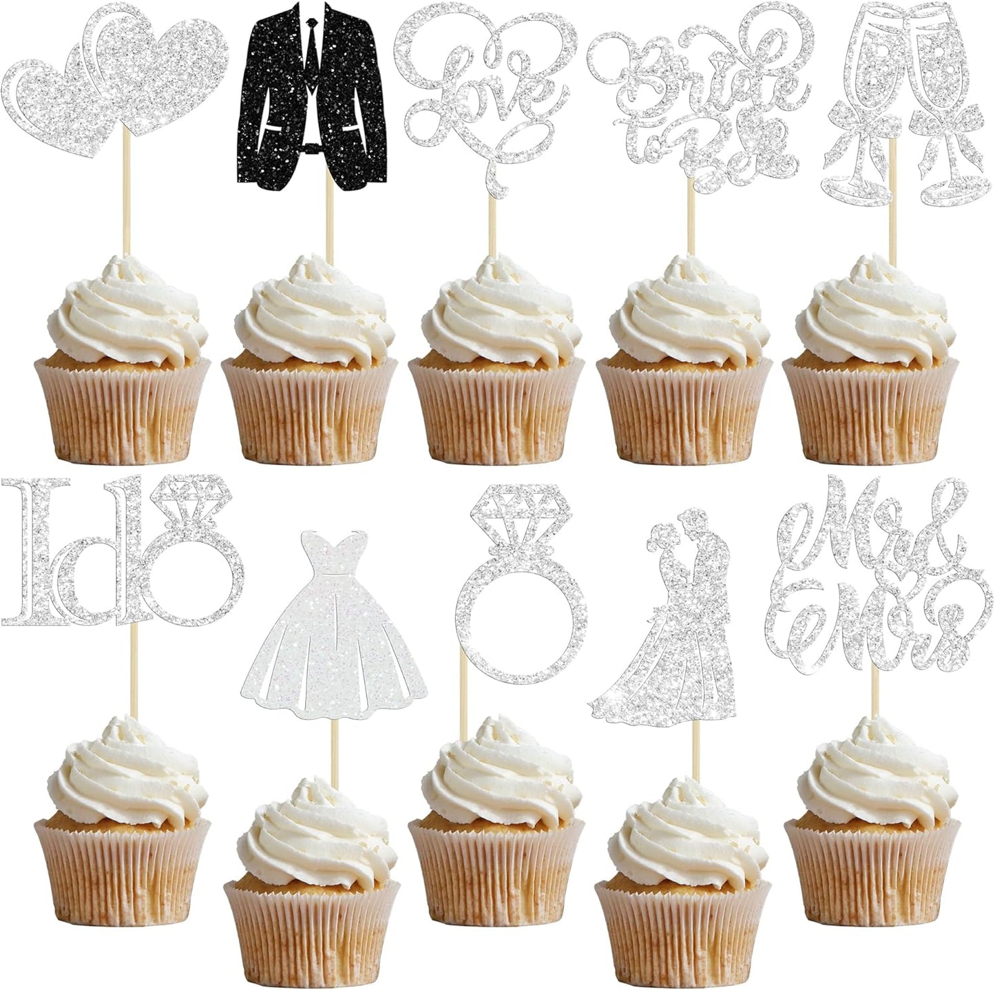 Gyufise 30Pcs Bride to Be Cupcake Toppers Glitter Diamond Ring I Do Love Cupcake Picks Miss to Mrs Bridal Shower Wedding Engagement Bachelorette Cake Decoration Silver