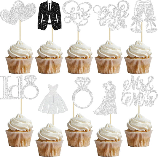 Gyufise 30Pcs Bride to Be Cupcake Toppers Glitter Diamond Ring I Do Love Cupcake Picks Miss to Mrs Bridal Shower Wedding Engagement Bachelorette Cake Decoration Silver