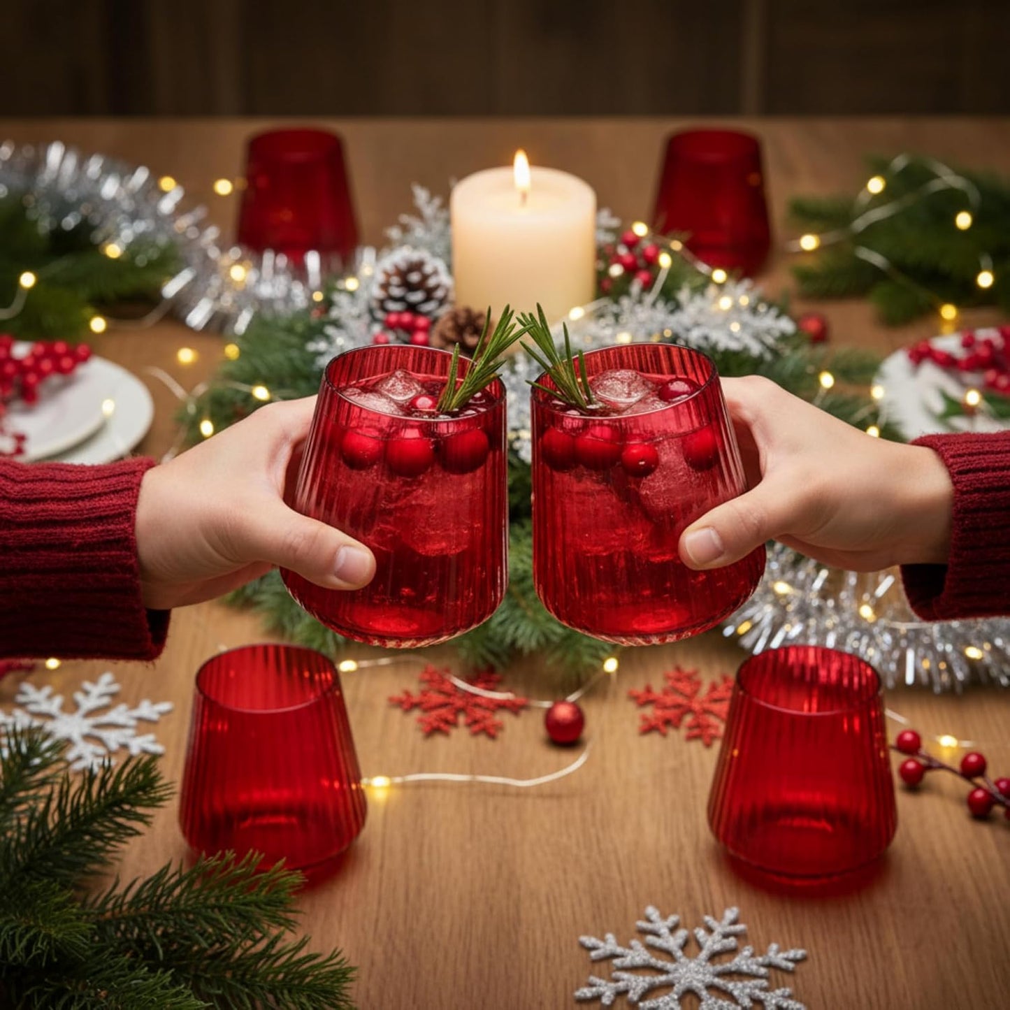 Suclain Plastic Wine Glasses Ribbed Stemless Wine Glasses 14oz Vertical Design Unbreakable Cups for Outdoor Indoor Vintage Elegant Champagne Whiskey Cups for Party Wedding(Red,50 Pcs)