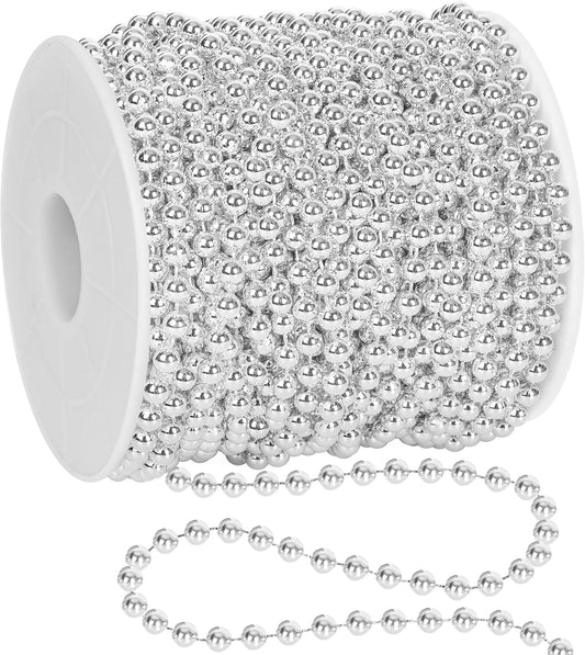 100 Feet Silver Christmas Tree Decor, Christmas Tree Garland Beads, Xmas Beads Chain Decorations Artificial Pearl Garland for DIY Xmas Fireplace Home Party Decor