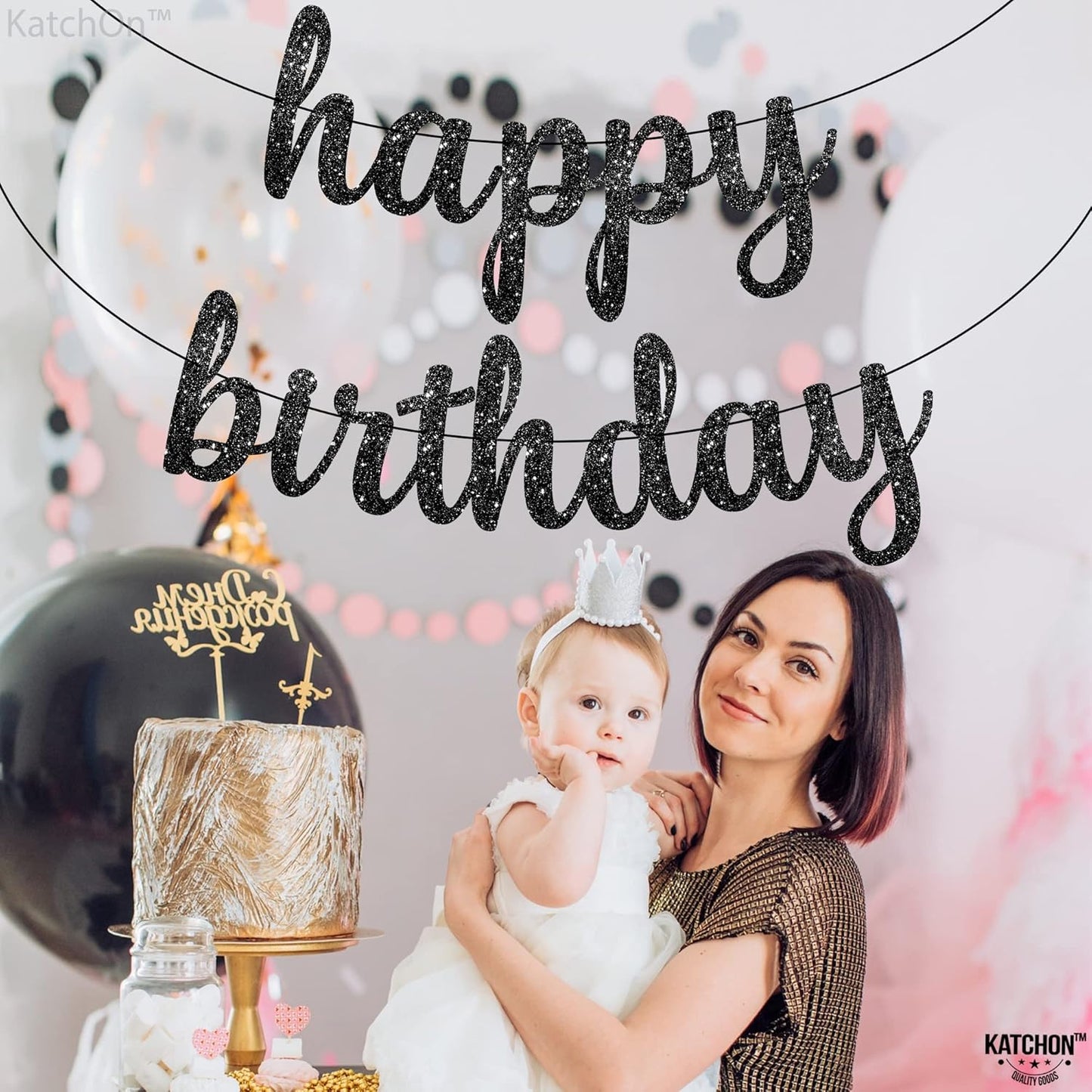 KatchOn, Glitter Cursive Black Happy Birthday Banner - Pre-Strung, 10 Feet | Happy Birthday Sign | Birthday Decorations for Women, Men, Boys and Girls | Halloween Birthday Party Decorations