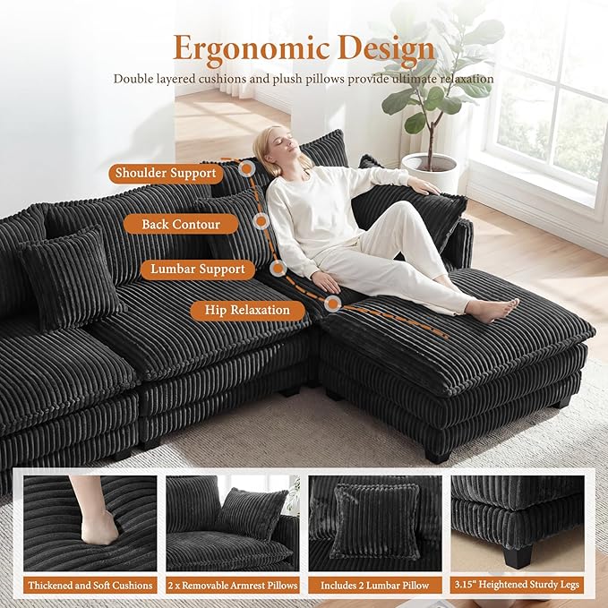 Vesgantti 109" U Shaped Cloud Sectional Sofa, Comfy Corduroy Upholstered - Image 3