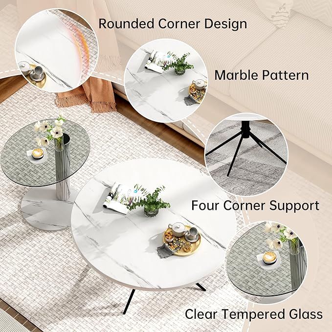 Hooseng Set of 2 Round Coffee Tables, Faux Marble Top and Modern Tempered - Image 8