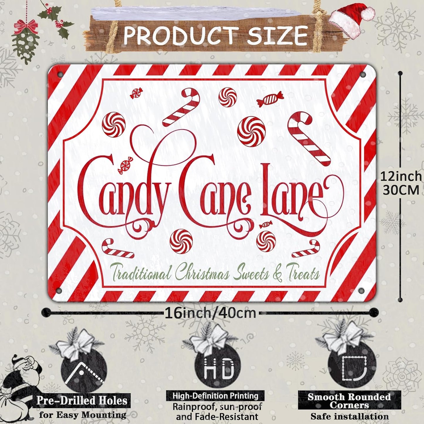Christmas Candy Cane Lane Metal Tin Sign Traditional Christmas Sweets and Treats Winter Sign for Home Living Room Outdoor or Indoor Wall Decor Gift Christmas Candy Cane Lollipop 12x16Inch