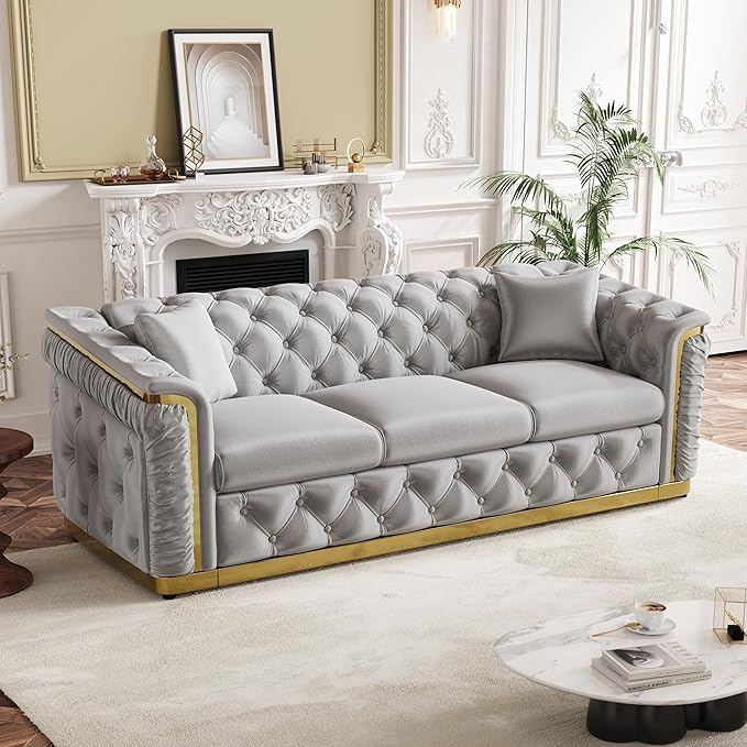 Luxury Chesterfield Sofa Set of 2, Velvet Tufted Couch Victorian Black and Gold - Image 8