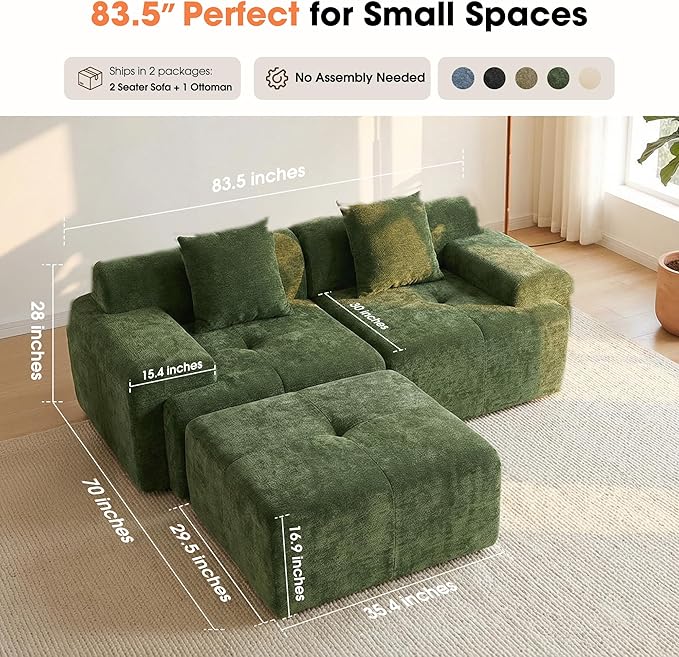 83.5" Boneless Loveseat with Ottoman, Cloud Comfy Couches - Image 7