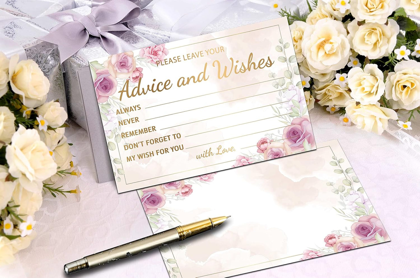Purple Floral Advice and Wishes Cards, 25 Pcs Blush Pink Double Sided Advice Cards for The Bride and Groom, Mr and Mrs, Bride Shower, Wedding Reception, Engagement Party(09)