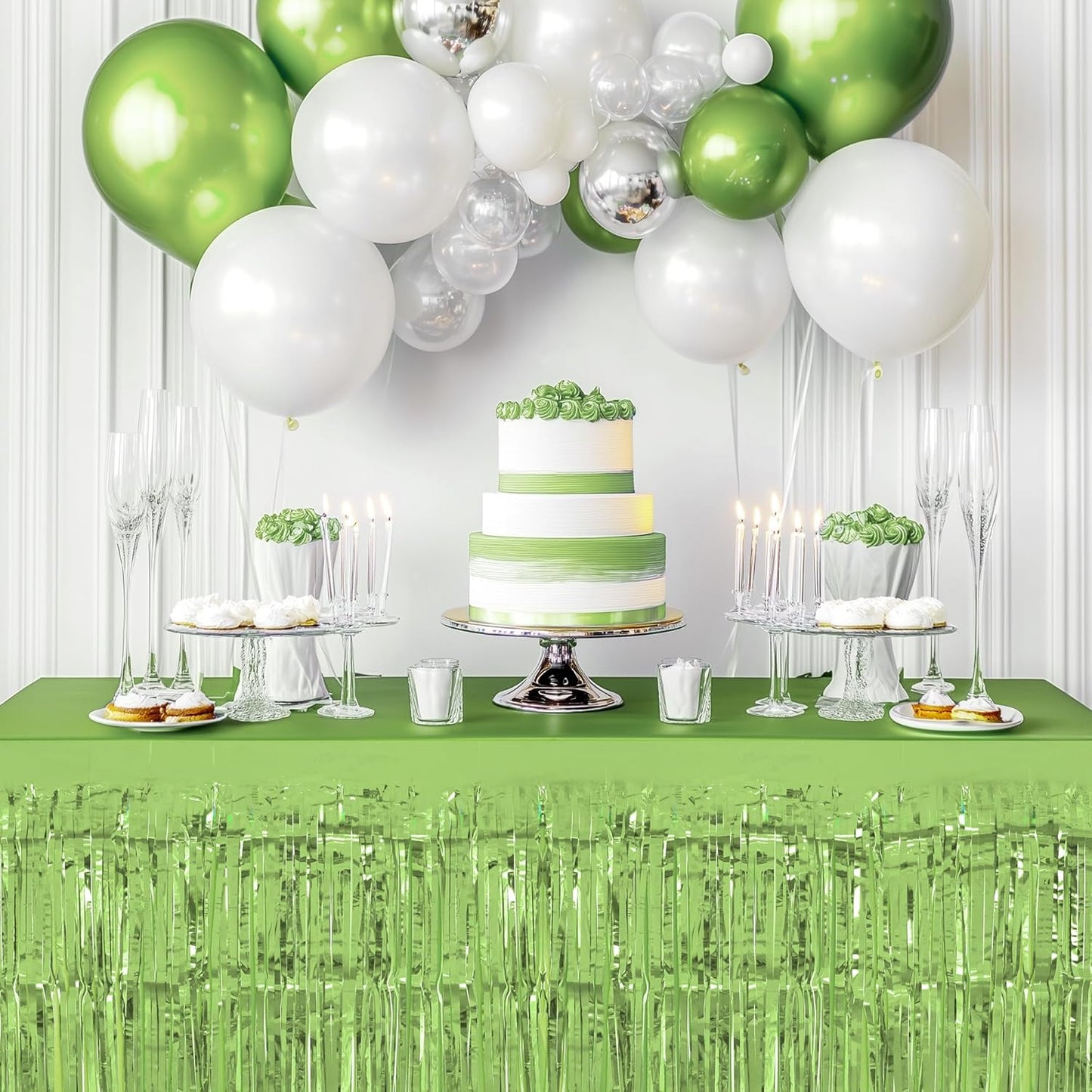 2 Pack Light Green Table Skirts, 29x108" Metallic Foil Tinsel Fringe Table Skirts for Rectangle Tables Streamer Curtains Backdrop, Party Decorations for Birthdays Weddings Holidays