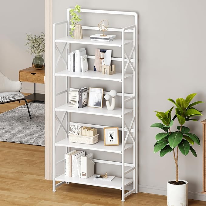 No Assembly Folding Bookshelf, 5 Tiers Vintage Wood Collapsible Book Shelf - Image 2