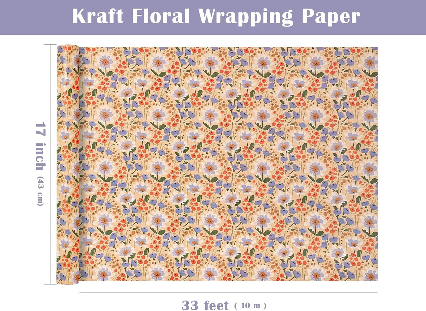 WRAPAHOLIC Kraft Floral Wrapping Paper Roll - Mini Roll - 17 Inch x 33 Feet - Watercolor Flower Wrapping Paper, Perfect for Wedding, Birthday, Bridal Shower, Tea Party