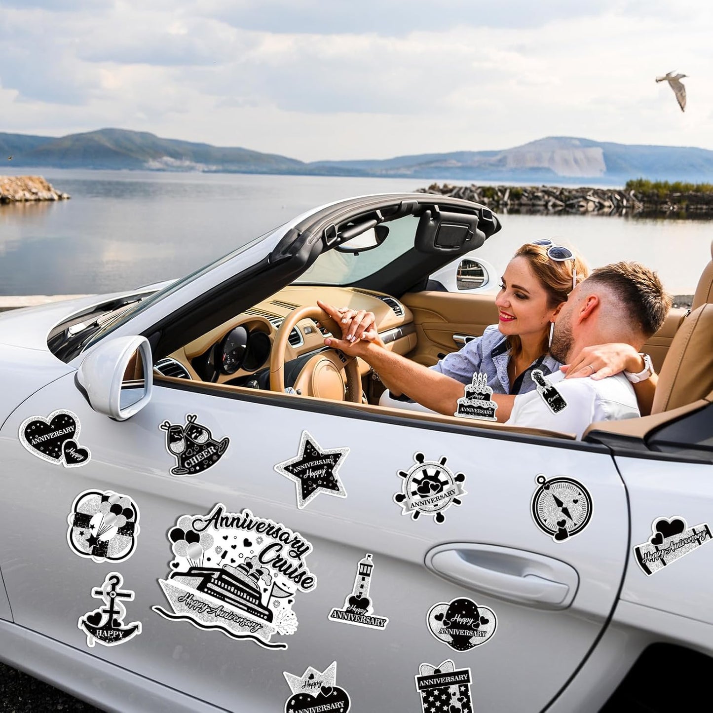 Happy Anniversary Cruise Door Magnets Decorations,Black Silver Happy Anniversary Cruise Ship Door Decor Magnetic for Married Men Women Wedding Party Refrigerator Fridge Car Kitchen Garage Personalized