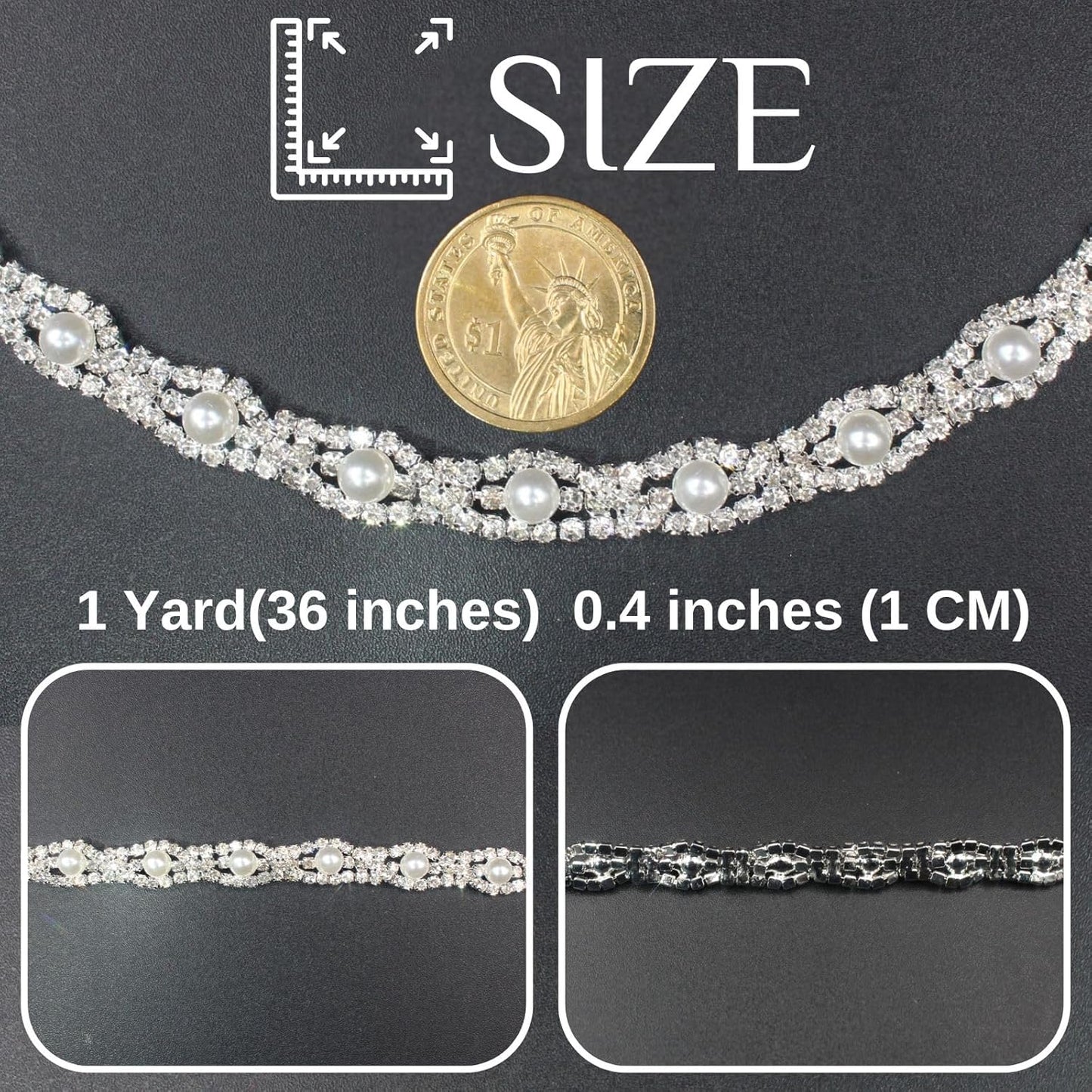 PEARLY JUN 1 Yard Pearl Rhinestone Trim Chain Silver Crystal Fringe Diamond Applique Ribbon String Tassel Strip for Sewing Wedding Dress Crafting Crafts Flower Embellishments