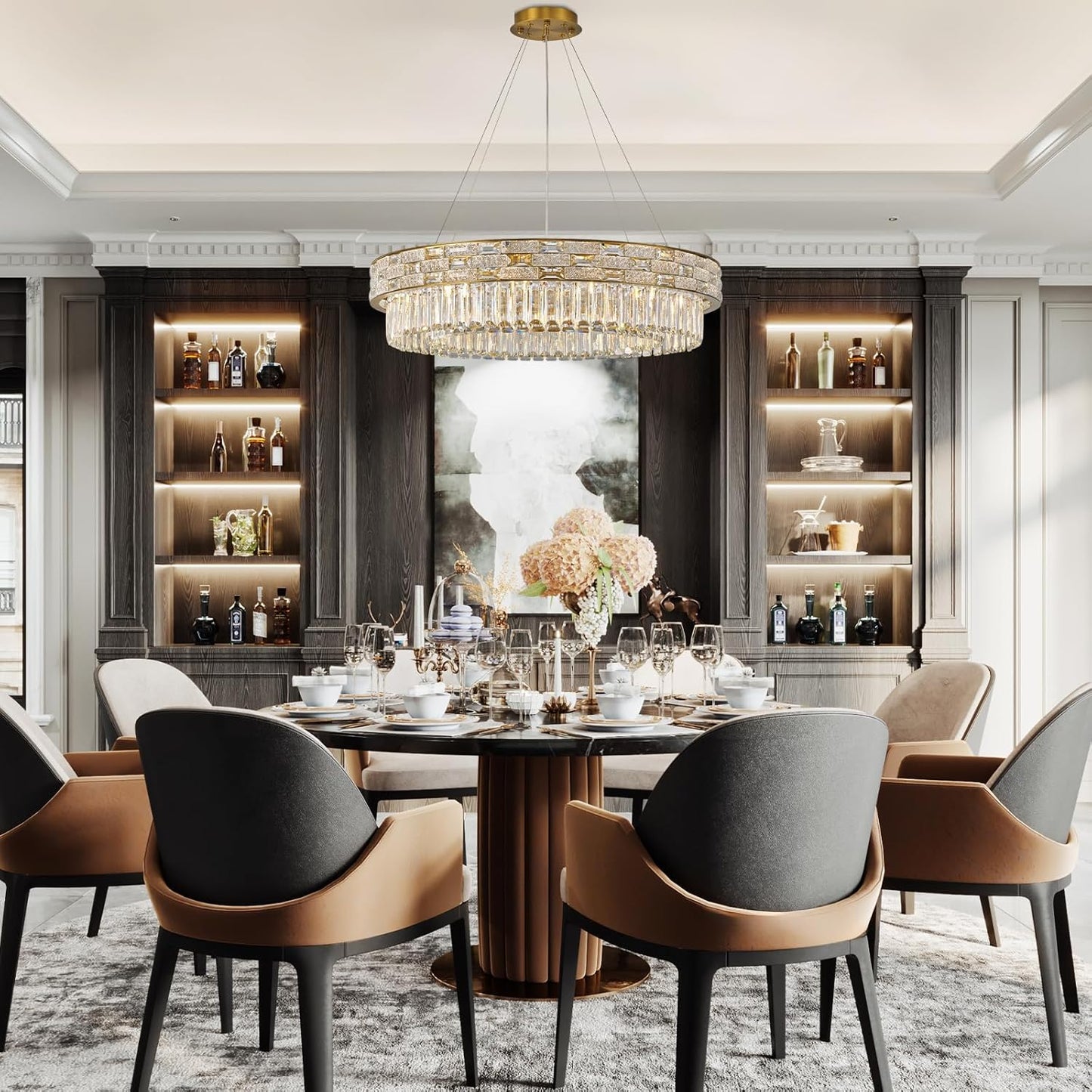 Crystal Chandelier, 31" 12-Light Large Chandelier for Living Room, Round Gold Chandeliers for Bedroom, High Ceiling Chandeliers, Foyer Lighting Fixtures Hanging Lights Dimmable