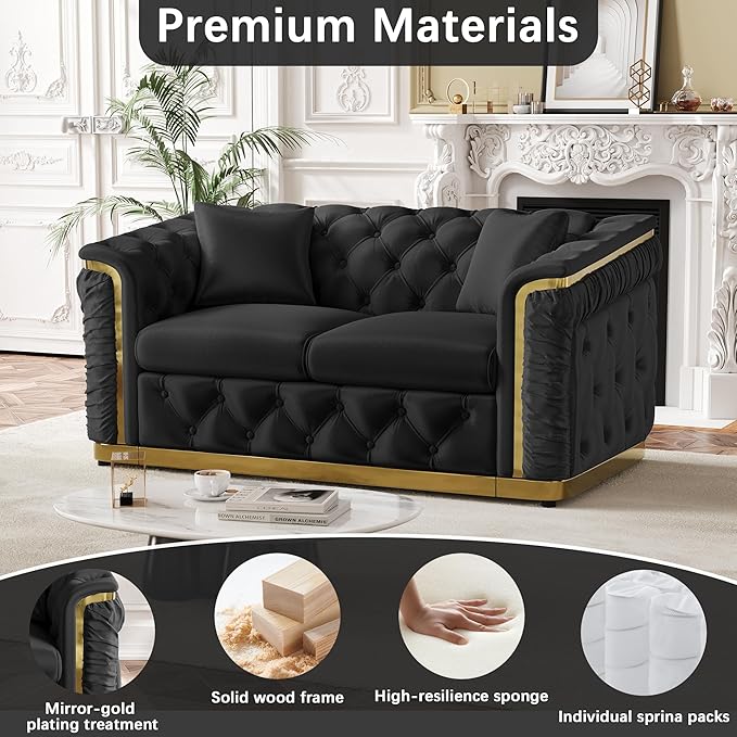 62.2" Luxury Velvet Chesterfield Sofa Tufted Victorian Black and Gold Couch - Image 6