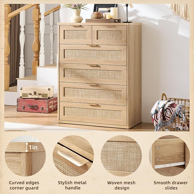 LEYAOYAO Rattan Dresser for Bedroom, Modern 6 Drawers Boho Dressers - Image 4