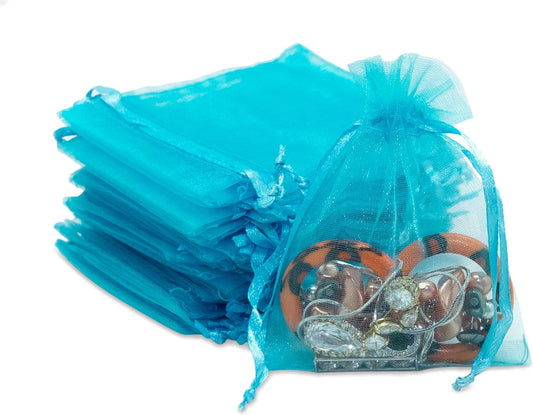 TheDisplayGuys 48-Pack 3x4 Turquoise Blue Sheer Organza Gift Bags with Drawstring, Jewelry Candy Treat Wedding Party Favors Mesh Pouch
