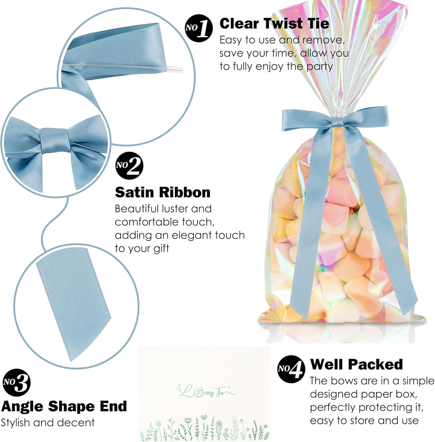 50 PCs Dusty Blue Bow Decor 5.5'' Satin Bows with Long Tail, Twist Tie Bows for Craft, Packaging Ribbon Bows, Premade Bows for Cake Decorating, Gift Bows for Treat, Wedding Favor, Party