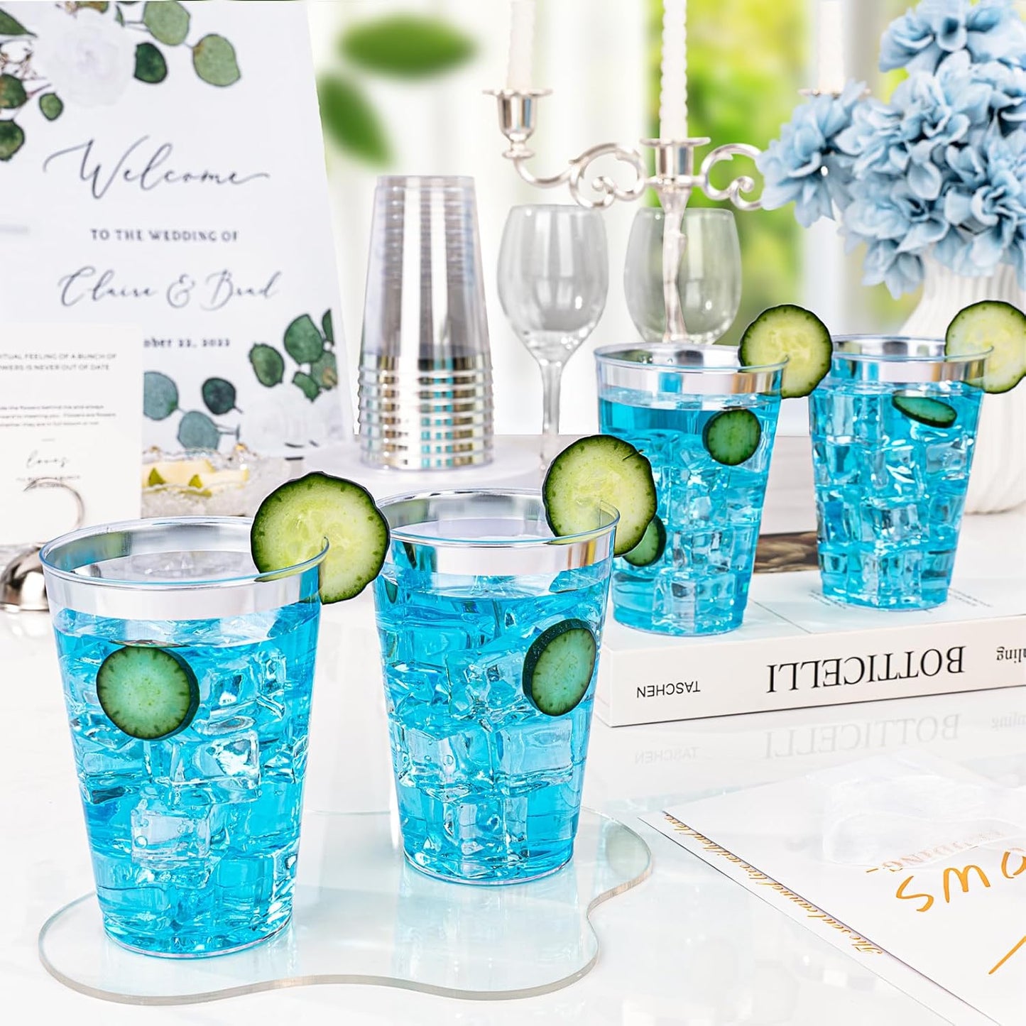 BESTVIP 12oz Silver Plastic Cups, 100 Pack Silver Rimmed Disposable Cups, Heavy-duty Party Cocktail Glasses for Christmas, Thanksgiving, Plastic Cups for Party, Holiday, Wedding and Birthday