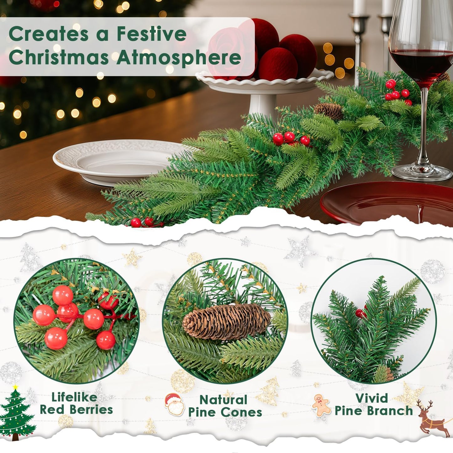 9FT Christmas Garland Artificial Norfolk Pine Tree Greenery, Cedar Cypress with Red Berries Pine Cones, Realistic Winter Holiday Mantel Fireplace Door Table Decor, Indoor Outdoor