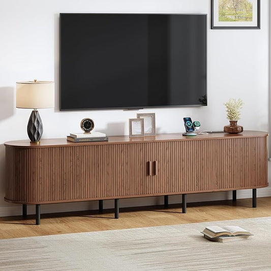 86.6" TV Stand with Power Outlet, Mid-Century Modern Television Stand, Fluted by ComfyCorner