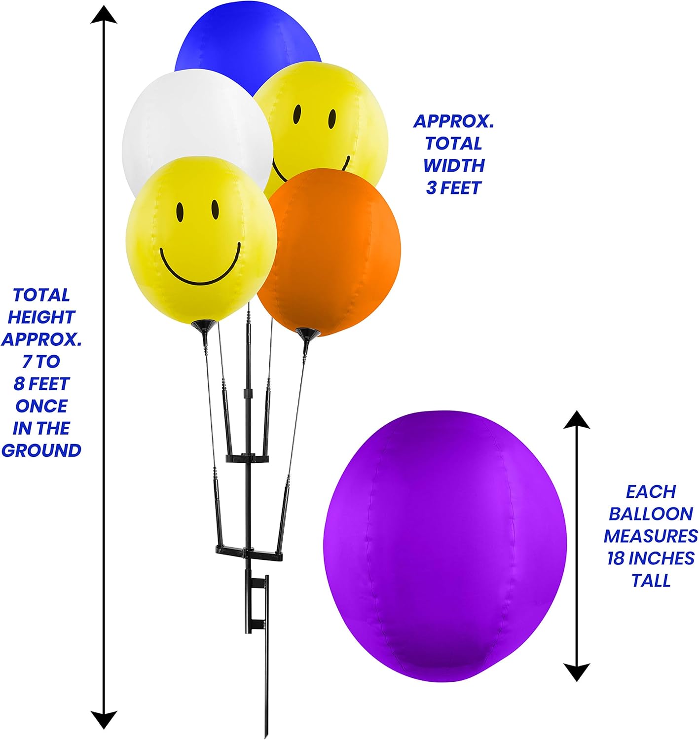 Reusable Balloon Cluster Kit with Ground Spike - Multi Color Balloons - No Helium - Weatherproof Balloons - 5 Durable Balloons and Pole Kit Included