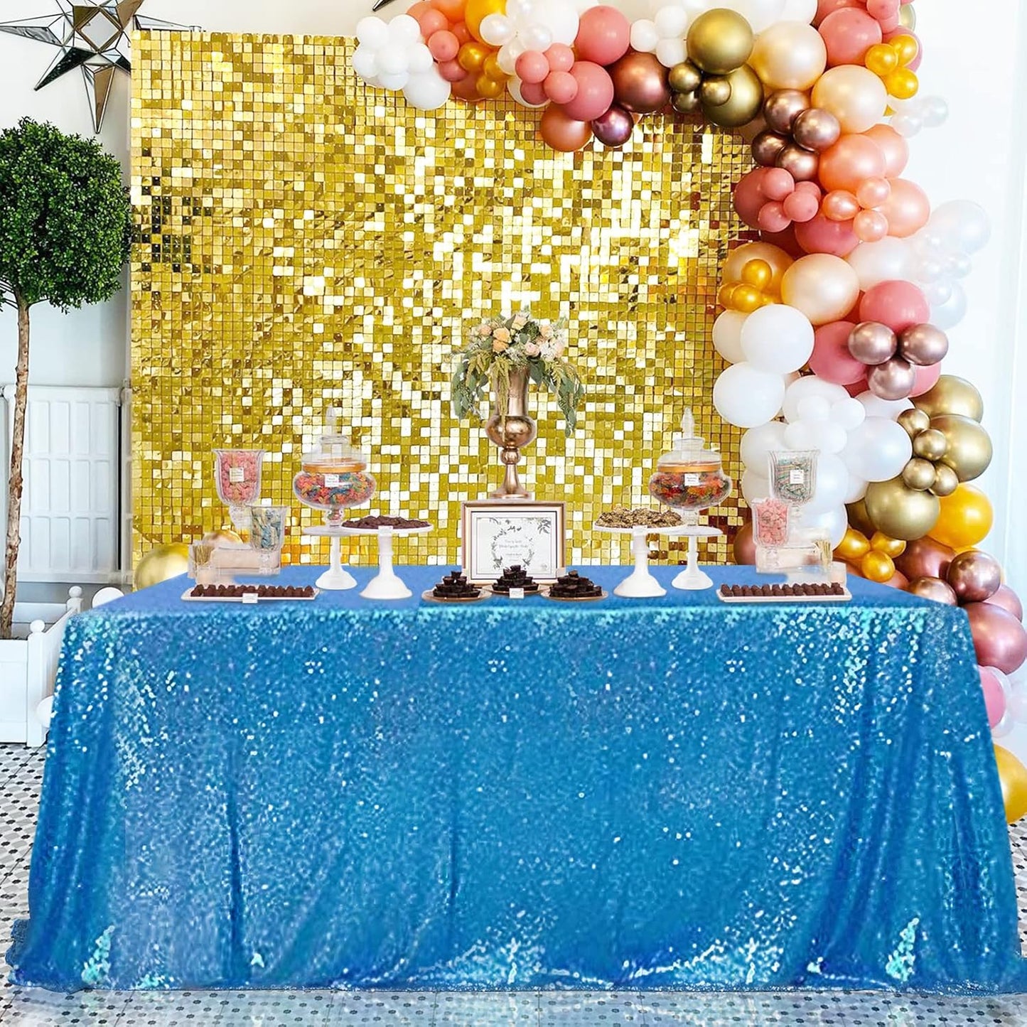 QueenDream Aqua Blue Tablecloth 90 x 132 Inch Sequin Tablecloth for Party Decorations Glitter Tablecloth for Bridal Baby Shower Wedding
