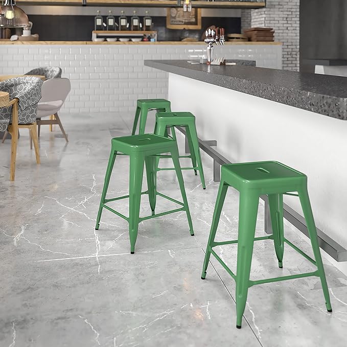 Flash Furniture Kai Commercial Grade 24" High Backless Green Metal - Image 2