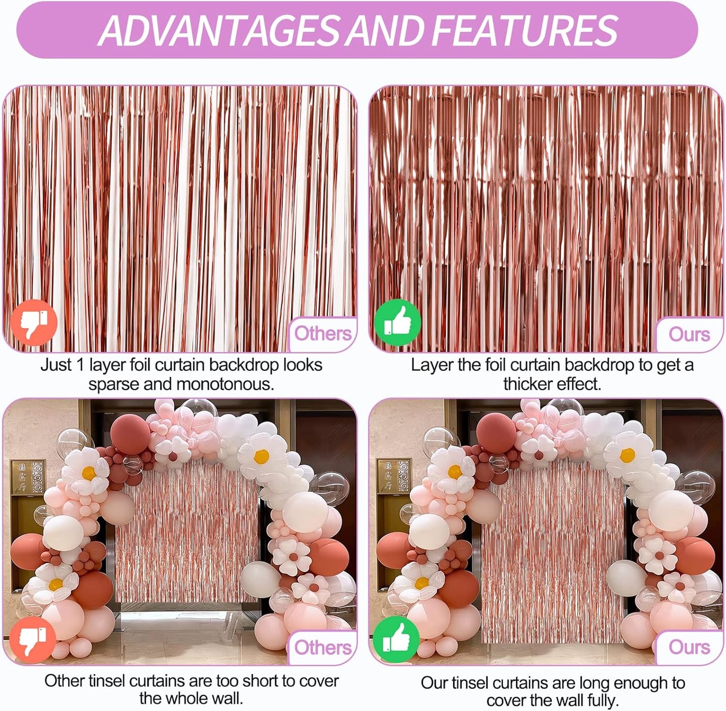 Crosize 7 Pack 3.3 x 9.9 ft Rose Gold Foil Fringe, Streamer Backdrop Curtains, Streamers Birthday Party Decorations, Tinsel Curtains for Parties, Photo Booth Backdrops