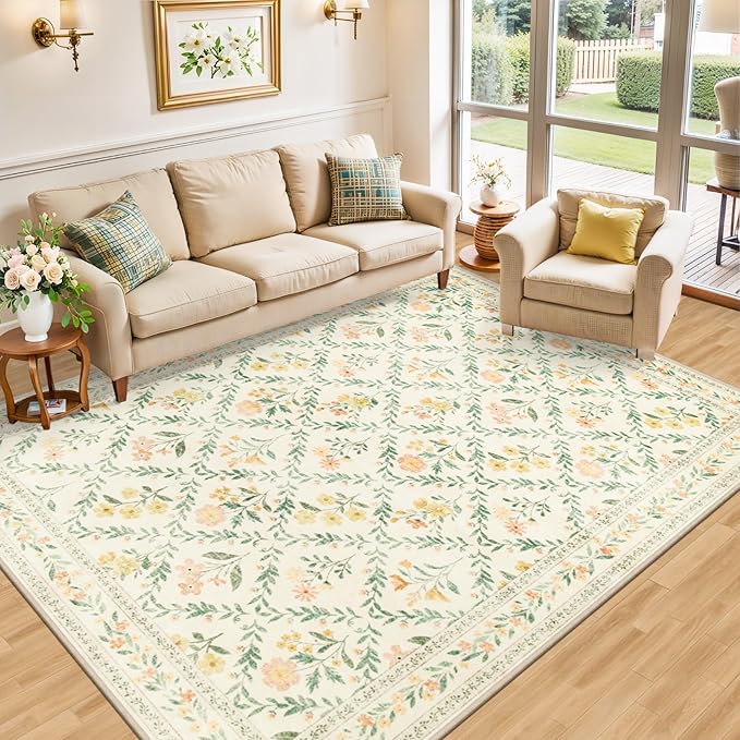 Area Rug Living Room Rugs: Floral 5x7 Washable Rug Vintage Soft Boho Non-Slip - Image 2