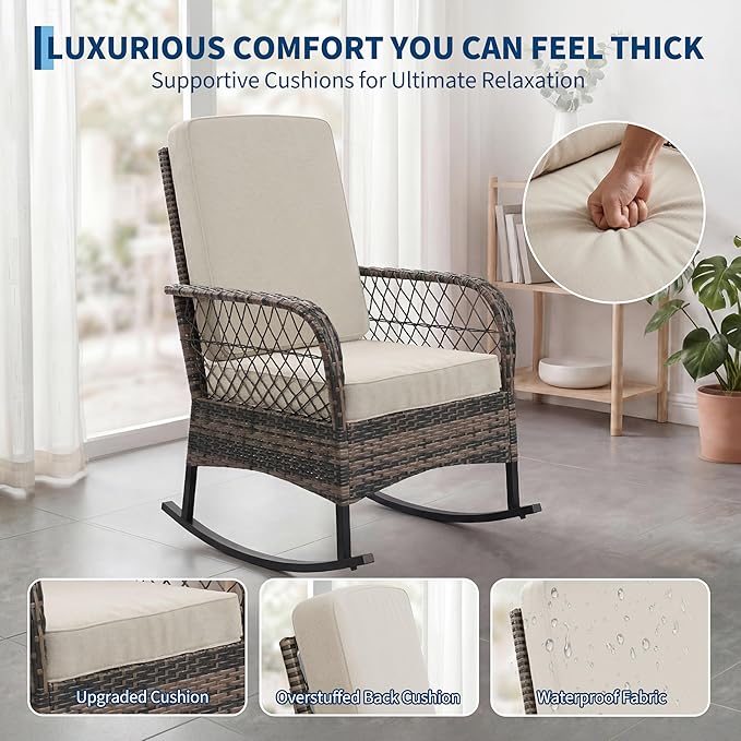 GarveeHome 3-Piece Outdoor Rocking Chair Set, Wicker Rattan Patio Furniture - Image 6
