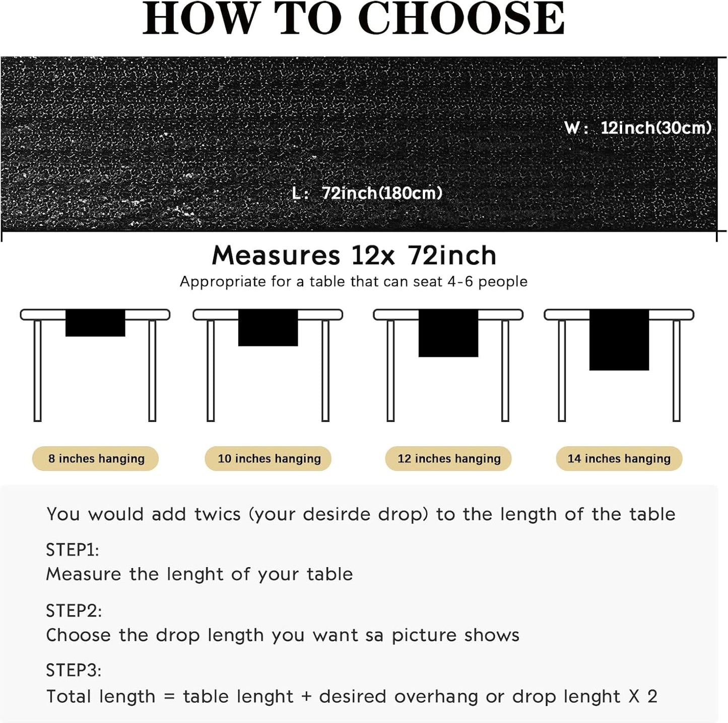 6 Packs 12 x 72 inches Sequin Table Runner, Black Glitter Table Runner for Birthday Party Supplies Wedding Engagement Baby Shower Holiday Celebration Event Decorations