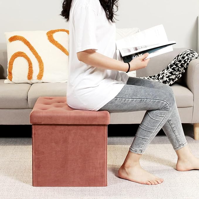 B FSOBEIIALEO Storage Ottoman Cube, Velvet Tufted Folding Ottomans - Image 5