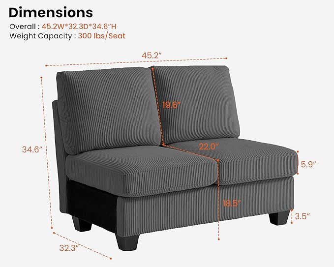 CHIC HOUSE Middle Module for Modular Couch, Corduroy Customizable Chaise - Image 2
