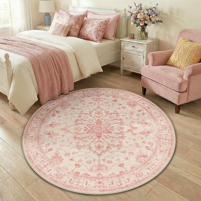 RELEANY Area Rugs Round 4ft Washable Non-Slip, Floral Vintage Distress Print - Image 3