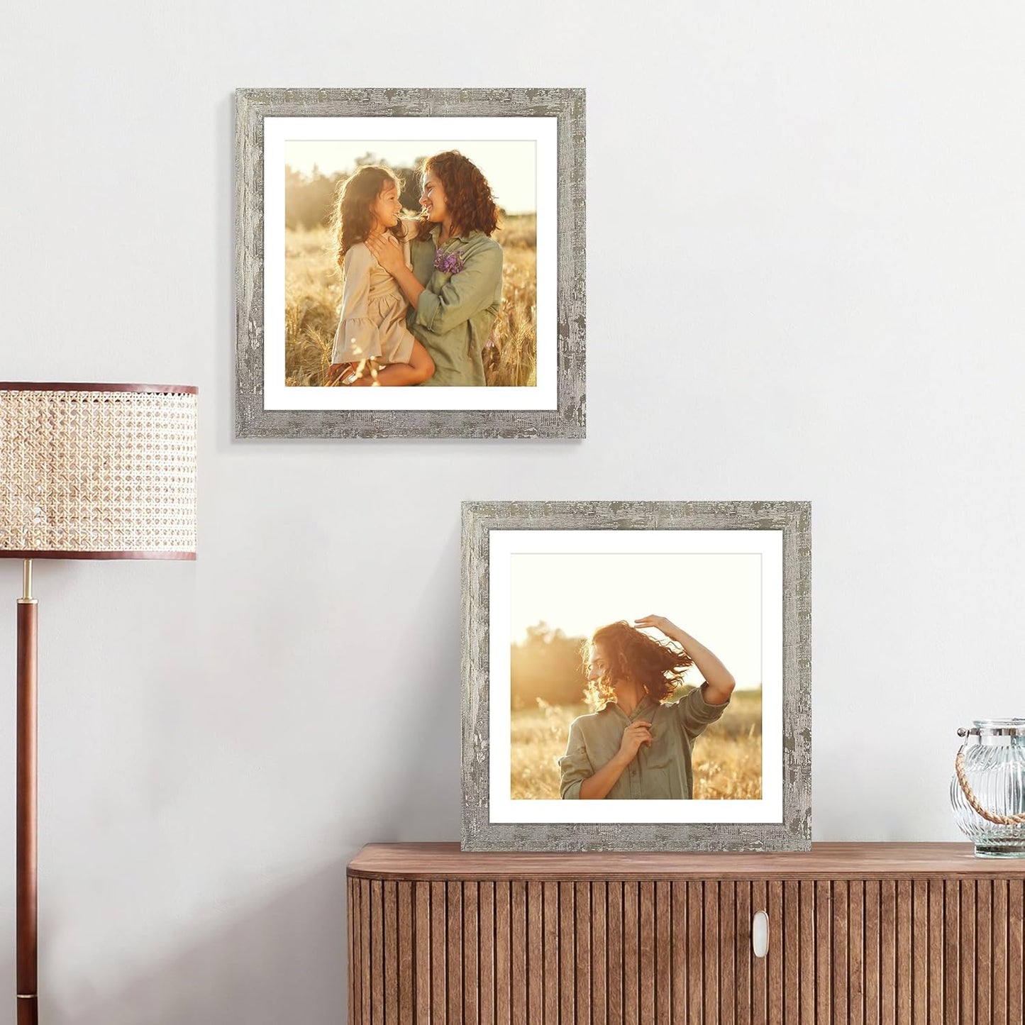 12x12 Picture Frame Set of 4 with Tempered Glass, Display 10x10 Picture with Mat or 12 x 12 Without Mat, Rustic Wood Square Photo Frame for Desktop Display and Wall Mounting