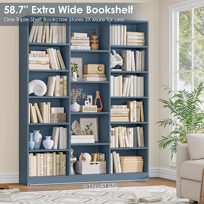 FACBOTALL Triple Wide Bookshelf, 6 Tier Large Bookshelf, Bookcase - Image 5