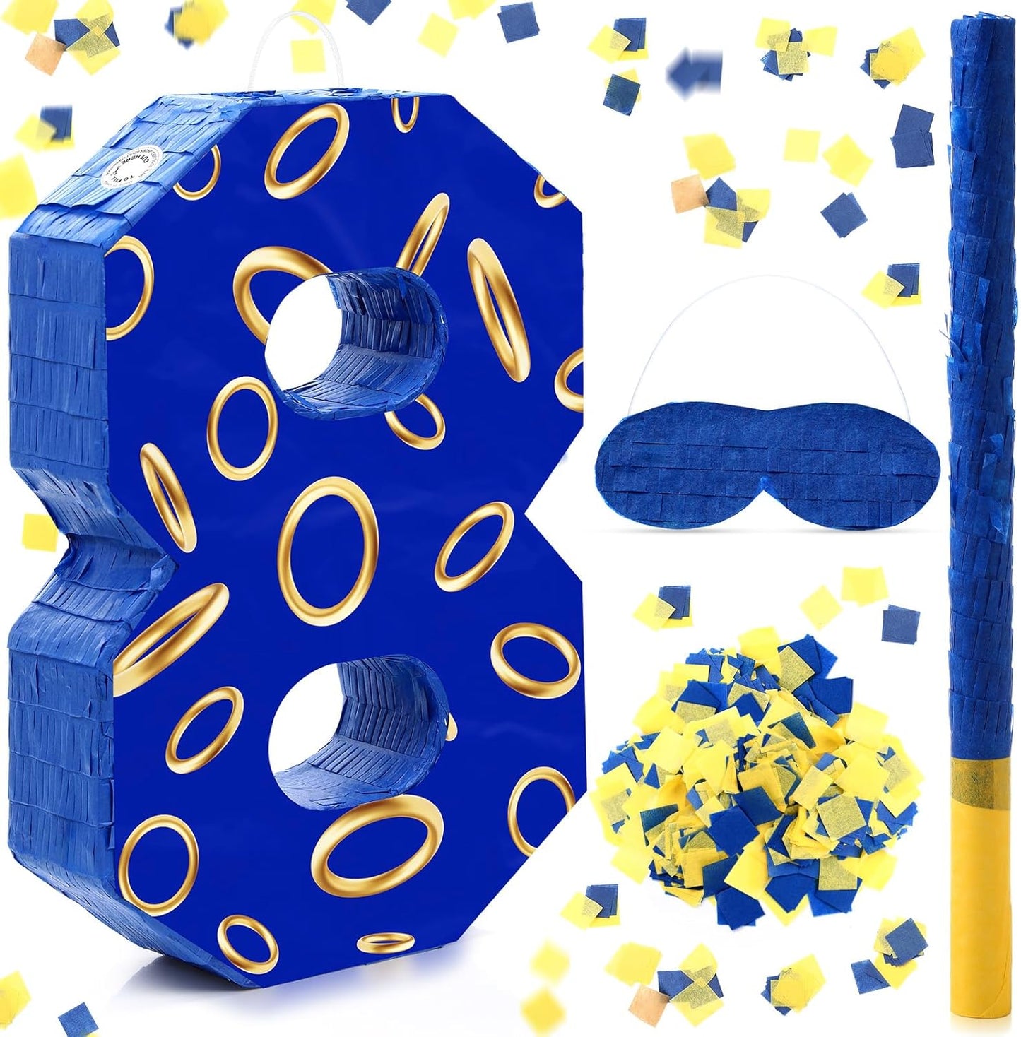 Number 8 Blue and Golden Rings Piñata for Kids Birthday Cartoon Theme Small Piñata with Blindfold Stick Confetti for Fiesta Cinco De Mayo Party Decor, 15.8 x 11 x 2.8 Inch