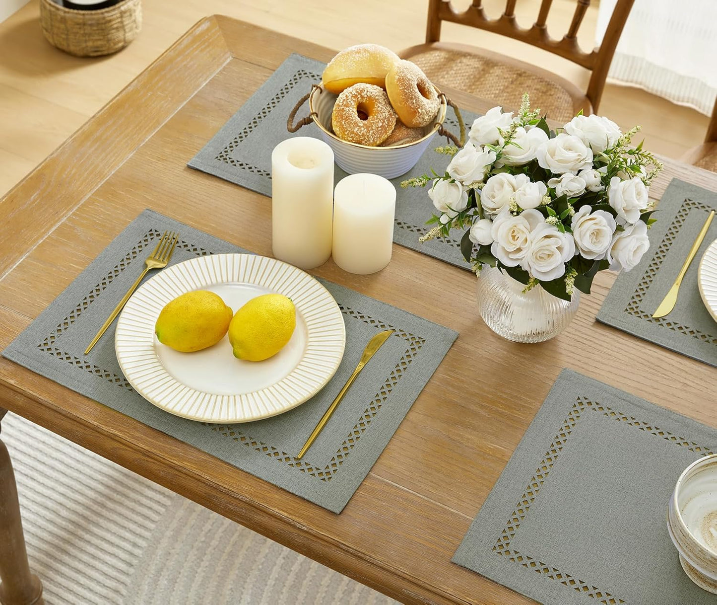 Burlap Placemats Set of 6, 12 x 18 Inch Rustic Geometric Hollow Place Mats, Heat Resistant Placemats for Farmhouse Kitchen Table Decor, Grey 6PCS