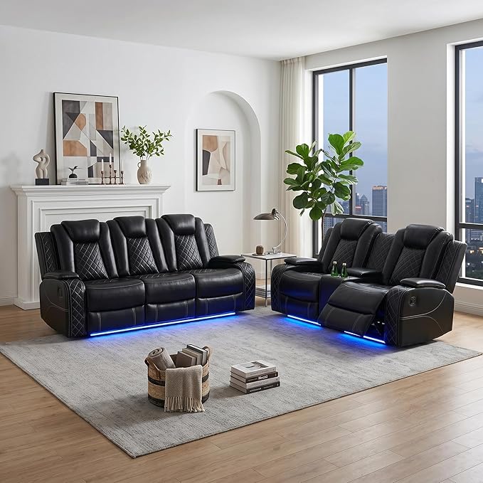 Power Recliner Sofa Set with LED Lights, Includes a Manual Loveseat and a 3 by Unknown