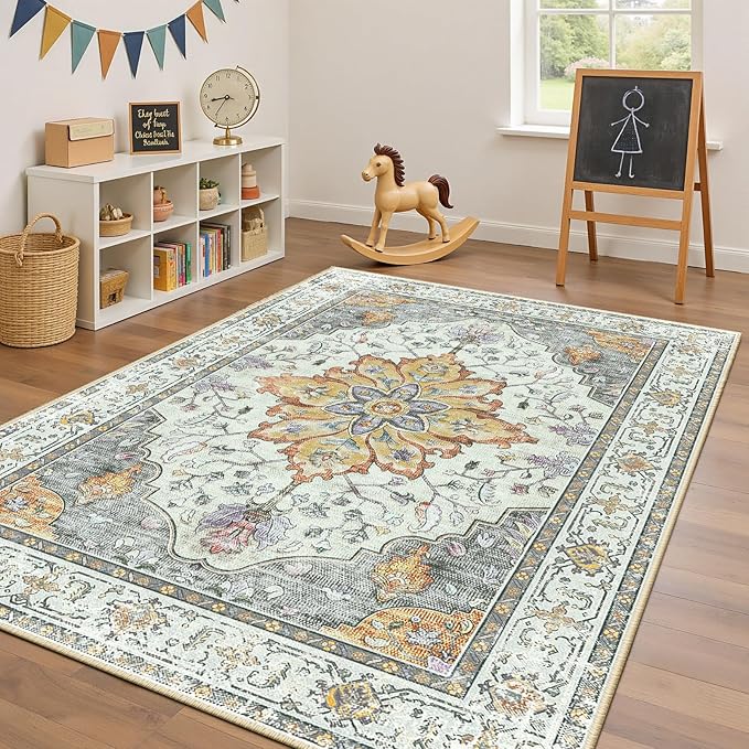 RELEANY Area Rugs 4'x6' Washable Non-Slip, Floral Vintage Distress Print - Image 3