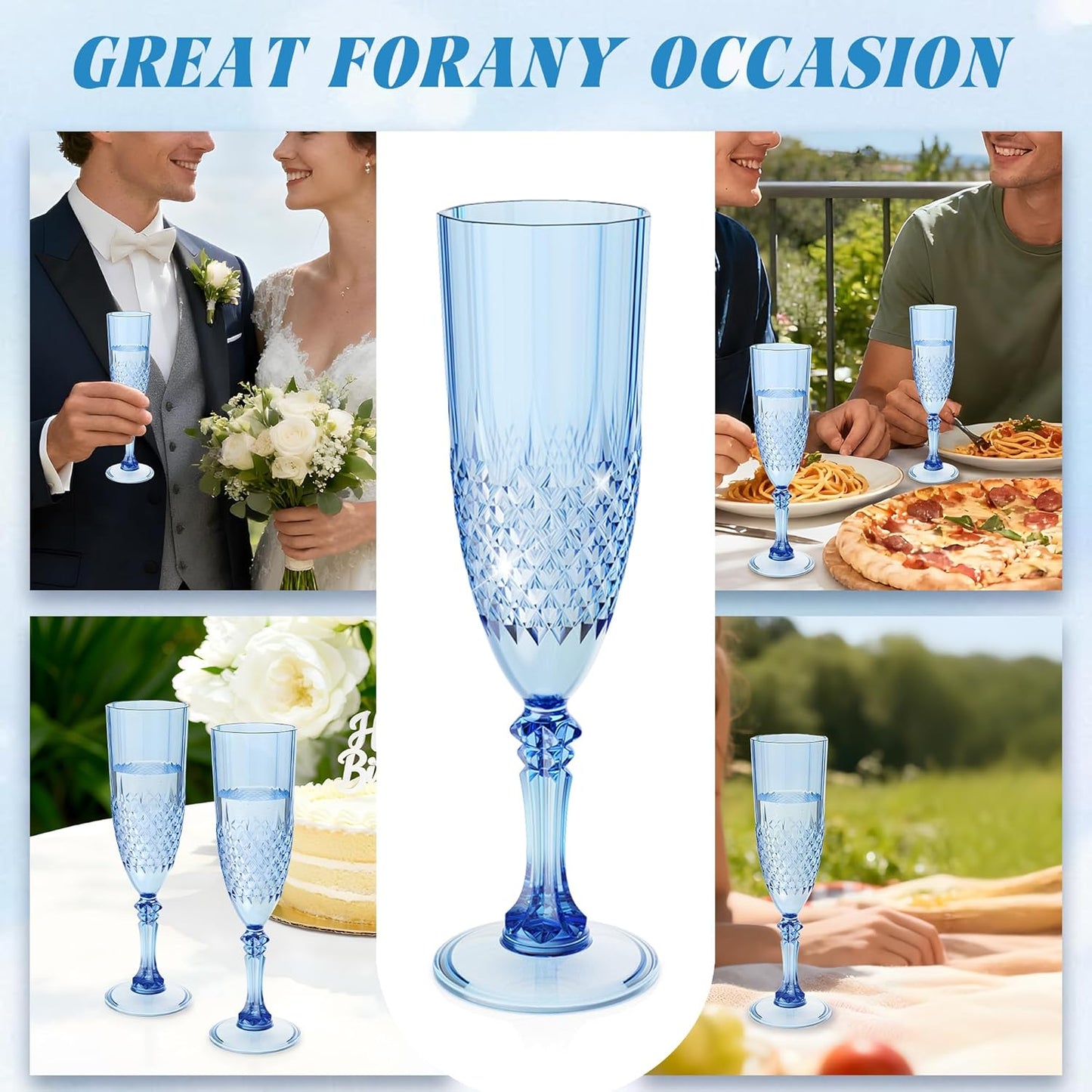 Plastic Champagne Flutes, 48PCS Blue Wine Glasses Goblets Cups Reusable Flute, for Weddings Bachelor Parties Toasting and Events (48, Blue)