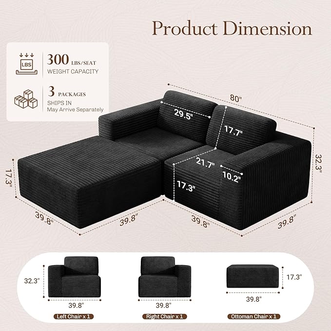 Vesgantti 80" Modular Sectional Sofa, Corduroy Cloud Couch - Image 2