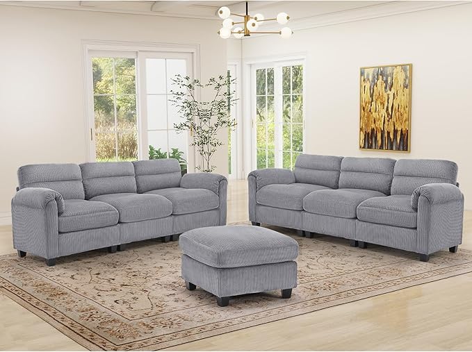 HAOMARKETS Corduroy Sofa Set, Upholstered Ottoman and 3-Seater Couch Set of 2 by HAOMARKETS