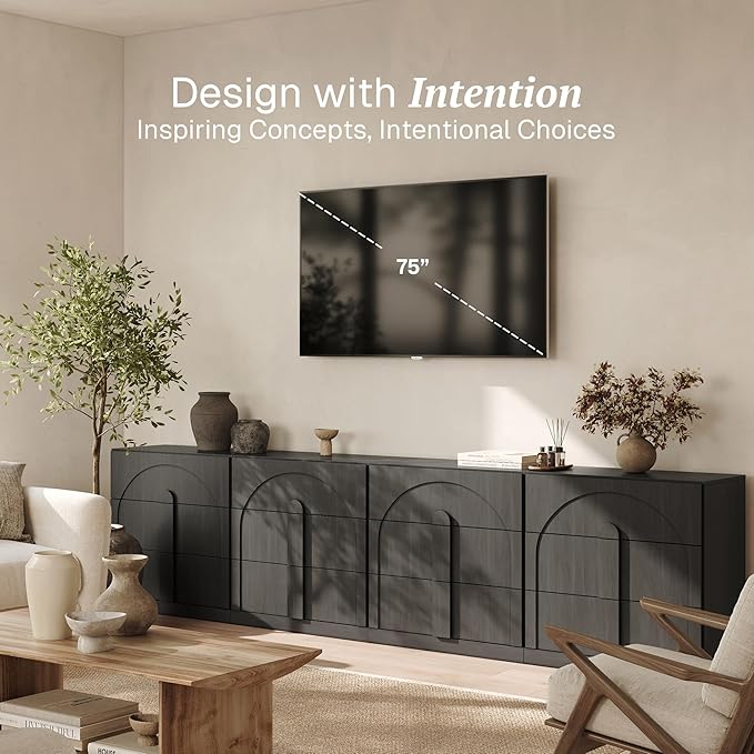 BELLEZE Sideboard Cabinet with 3 Drawers, Large Fluted Sideboard with Storage - Image 3