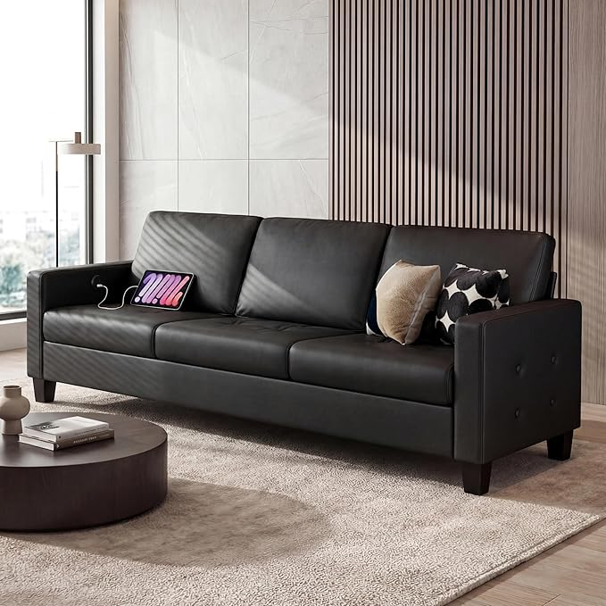 STHOUYN Black Faux Leather 3 Seater Sofa, Loveseat and Accent Chair, Modern - Image 9