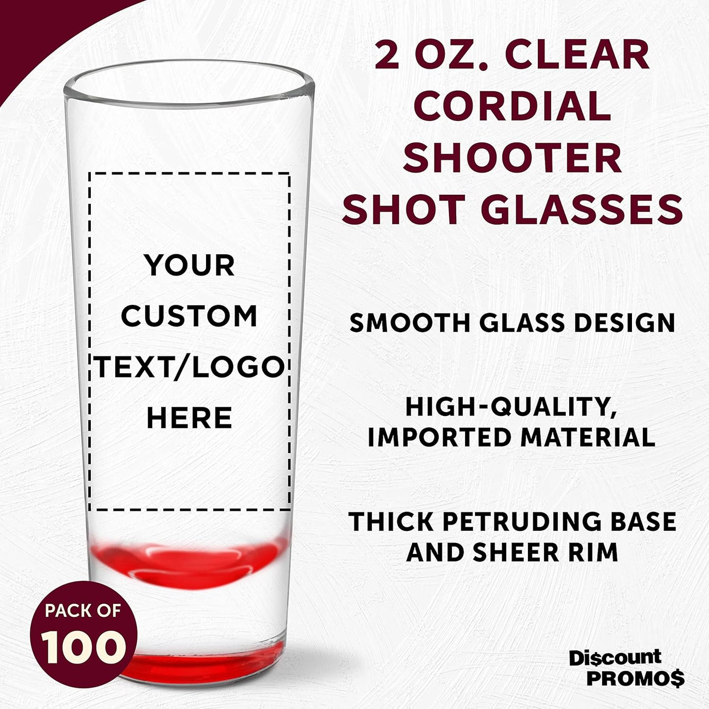 Custom Cordial Shooter Shot Glasses 2 oz. Set of 100, Personalized Bulk Pack - Great for Birthdays, Parties, Indoor & Outdoor Events - Red